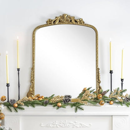 Antiqued Gold Ornate Mirror Arched Mantel Wall Mirror Baroque Inspired Bathroom Vanity Rectangle Wall Mounted Mirror, 30 x 34''