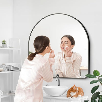 Arched Bathroom Mirror, 45"x45" Black Arched Mirror for Bathroom, Wall Mounted Mirror, Black Vanity Wall Mirror Metal Frame for Bedroom, Entryway, Living Room, Hanging or Leaning Against Wall