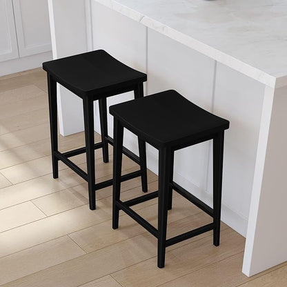 Plank+Beam Smythe Counter Stool, 24", Set of 2, Sturdy Wood Modern Kitchen Counter Height Stool, Saddle Seat Backless Counter Chair, Metal Footrest, Black