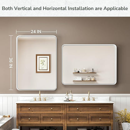 TokeShimi 24x36 Inch White Bathroom Mirror for Wall Vanity Mirror with Non-Rusting Aluminum Alloy Metal Frame Rounded Corner for Modern Farmhouse Home Decor (Horizontal/Vertical)