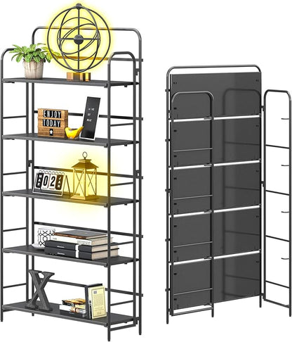 4NM No Assembly Folding Bookshelf 5 Tiers Vintage Industrial Black Book Shelf Metal Foldable Storage Bookcase and Bookshelves for Living Room,Bedroom and Kitchen - Black