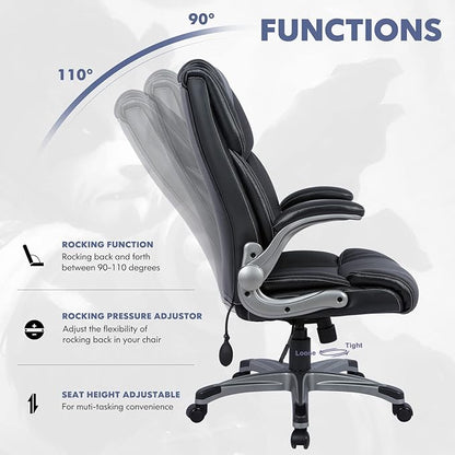 COLAMY High Back Executive Office Chair- Ergonomic Home Computer Desk Leather Chair with Padded Flip-up Arms, Adjustable Tilt Lock, Swivel Rolling Chair for Adult Working Study-Black
