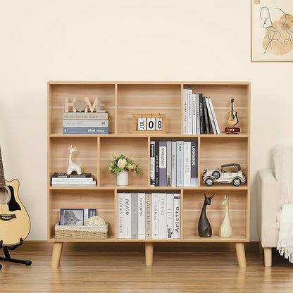 LEYAOYAO 10 Cube Bookshelf,3 Tier Modern Wide Bookcase with Legs,Mid-Century Wood Bookshelves Storage,Natural Large Book Case,Freestanding Organizer Display Shelf for Bedroom,Living Room,Office