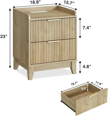 Wnutrees Fluted Nightstand with Charging Station, Modern Bedside Table with 2 Drawers, Farmhouse Wooden End Side Table for Living Room, Natural