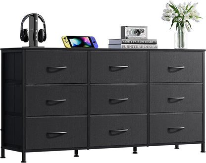 WLIVE 47''W Dresser for Bedroom, Black Dresser TV Stand for 45, 50, 55 inch TV, Wide Chest of Drawers with 9 Drawer, Large Entertainment Center, Fabric Dressers with Wood Top for Closet, Living Room