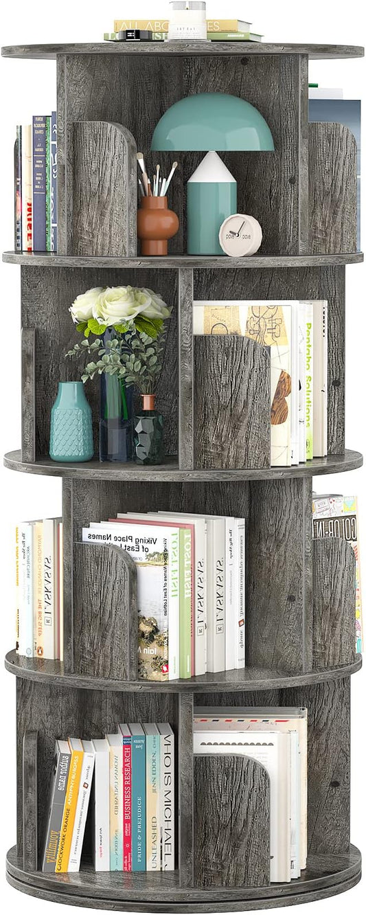 Aheaplus Rotating Bookshelf, 360 Display Corner Bookshelf for Small Space, 4 Tier Floor Standing Bookcase Storage Rack, Wood Narrow Book Shelf Organizer for Bedroom, Living Room, Study Room, Grey Oak