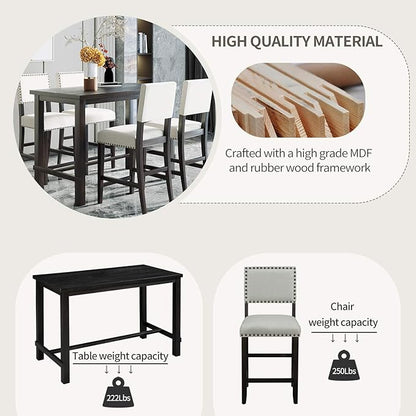 Ball & Cast 5 Piece Dining Table Set,4 Upholstered Chairs with Curved Backrests,Wooden Living Room Furniture W/ 52" Rectangle Kitchen Desk,for Restaurant,Home Bistro,Espresso and Beige