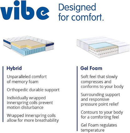 Vibe Quilted Hybrid Mattress, 12-Inch Innerspring and Pillow Top Gel Memory Foam Mattress, Fiberglass Free, CertiPUR-US Certified Bed in a Box, Full, White