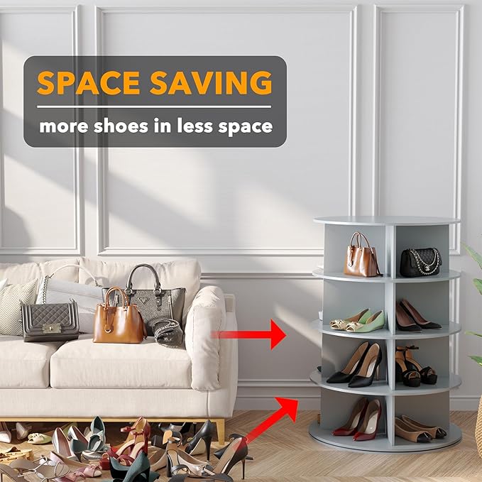 SpaceAid 4 Tier Rotating Shoe Rack Tower, Spinning Shoe Display Lazy Susan, Revolving 360 Shoe Rack Storage Round Carousel, Vertical Handbag Rotate Shoes Closet Organization (4-Tier Gray)