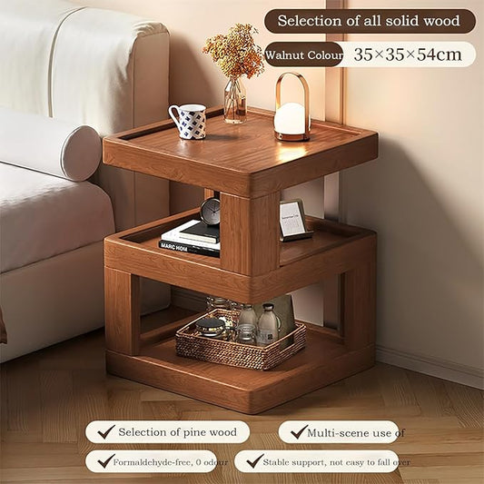Solid Wood Nightstand,End Tables Bedroom Small Shelf Modern Nightstand Wood Side Table (Walnut Brown-21.3 * 13.8 * 13.8)