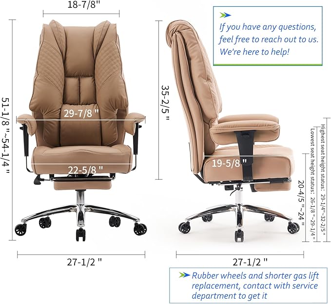 Big and Tall Office Chair 400lbs Wide Seat, Leather High Back Executive Office Chair with Foot Rest, Ergonomic Chairs Lumbar Support for Lower Back Pain Relief (Brown)