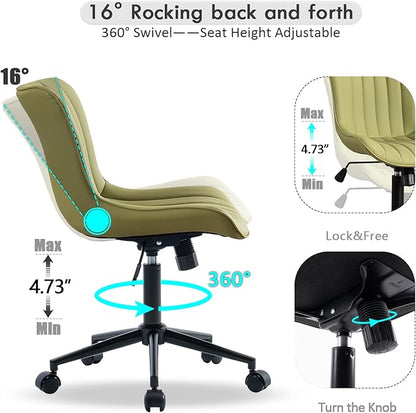 YOUNIKE Ergonomic Home Office Desk Chair with Wheels Comfy Armless Criss Cross Chair with Back Adjustable Modern Leather Upholstered Swivel Vanity Chair Small Cute Rolling Task Chair Avocado Green
