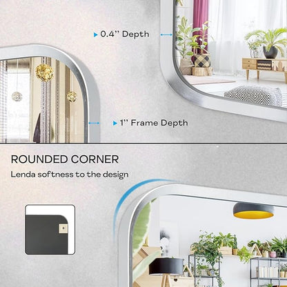 Wall Mount Mirror for Bathroom, Brushed Silver Metal Framed Rounded Corner Rectangular Vanity Mirror (18" x 24", Silver)