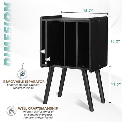 Wooden LP Record Player Stand with 4 Cabinets, Holds up to 100 Vinyls, Metal Record Storage Holder and Organizer Table, Classical Design for Files/Book (Mid-Century Modern)