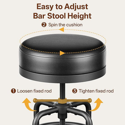 Adjustable Height Swivel Bar Stools Set of 3, 22-29 Inch Industrial Vintage Bar Counter Height Stools with Thicken Premium Bonded Leather Seats & Updated Footrests, Easy Assembly, Black