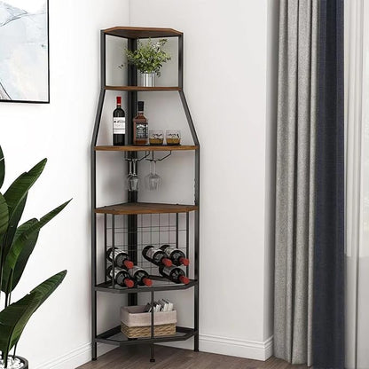 5-Tier Corner Wine Rack Floorstanding with Glass Holder and Bottles Wine Storage Home Bar Furniture for Home Kitchen Dining Room Industrial Metal and Wooden Corner Shelf
