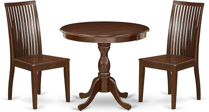 East West Furniture AMIP3-MAH-W 3 Piece Dining Table Set for Small Spaces Contains a Round Kitchen Table with Pedestal and 2 Kitchen Dining Chairs, 36x36 Inch, Mahogany