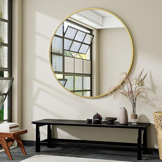 Black Round Bathroom Mirror, 42 inch Large Circle Wall Mounted Hanging Mirror with Simple Modern Circular Metal Frame for Hallway, Entryway, Living Room, Gold Frame