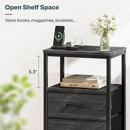 Huuger Nightstand with Charging Station, 27.6 Inch End Table Bedside Table with USB Ports and Outlets, Night Stand for Bedroom, Fabric Drawers, Charcoal Black Wood Grain Print