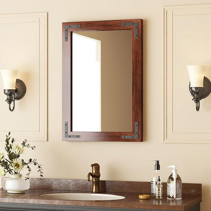 VocalStar Rustic Wood Framed Mirror 18 x 26 Inch, Natural Dark Brown Wooden Rectangle Bathroom Vanity Wall Mirror for Farmhouse Boho Decor, 1/4-inch Shatterproof Glass | Waterproof