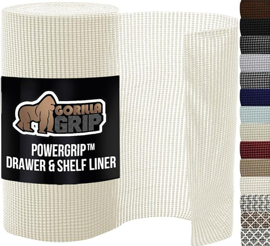GORILLA GRIP powerGRIP Drawer Shelf and Cabinet Liner, Thick Strong Hold, Non-Adhesive Liners Protect Kitchen Cabinets and Cupboard, Bathroom Drawers, Easy Install, Breathable Mat, 17.5" x20', White