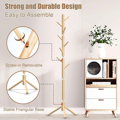 Wooden Coat Rack Stand, Freestanding Coat Rack with 8 Hooks, 3 Adjustable Size Coat Tree for Hats, Coats, Scarves bags, Coat Hanger Stand Used in Bedroom/Office/Entryway (Natural)