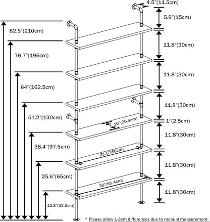 6 Tier Industrial Ladder Shelf Bookcase, Wall Mounted Rustic Bookshelf for Living Room Decor and Storage (Walnut Color, 6 Tier - 10" D x 36" W x 82.5" H)