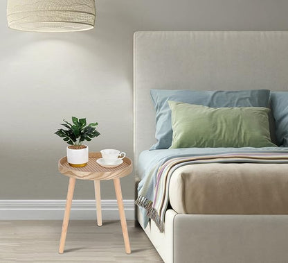 Small Side Table, Rattan Nightstand, Round End Boho Bedside Accent Mid-Century Modern Bed Tables for Living Room Bedroom Office Balcony(Natural Walnut)