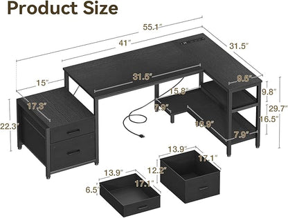 Casaottima L Shaped Desk with Drawers & File Cabinet, Computer Desk with Storage Shelves & CPU Stand, Corner Desk with Power Outlets, Reversible L Desk for Gaming, Home Office, Black