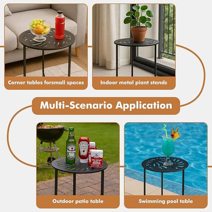 2 Packs 13" Metal Outdoor Side Tables Small Black Outside End Table for Patio Round Accent Corner Stand for Small Spaces Weather-Resistant Coffee Table for Balcony Porch Plant Stand, Monstera Leaf