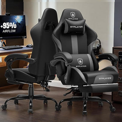 GTRACING Gaming Chair with Foot Rest & Pocket Spring Cushion, Ergonomic High Back Computer Chair with Headrest & 360°-Swivel Seat for Home Office Desk, PU Leather, Dark Gray