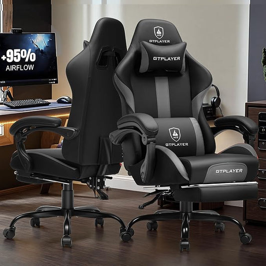 GTRACING Gaming Chair with Foot Rest & Pocket Spring Cushion, Ergonomic High Back Computer Chair with Headrest & 360°-Swivel Seat for Home Office Desk, PU Leather, Dark Gray