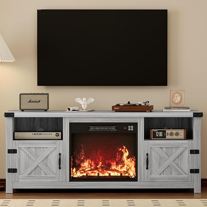YESHOMY Fireplace TV Stand with Barn Doors and Open Display Shelf, Farmhouse Media Console with Hidden Cable Routing, Entertainment Center for Televisions up to 65+ Inch, Gray Wash