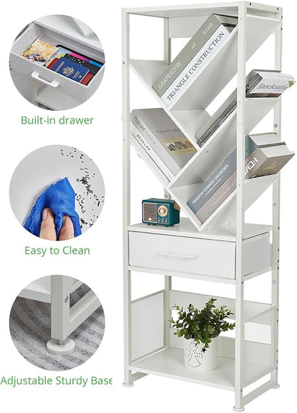 Bookshelf with Drawer,8 Tier Tree Bookcase Retro Floor Standing Bookshelves,Tall Wood Bookcases with Cabinet Storage Organizer for Living Room, Bedroom & Home Office, White
