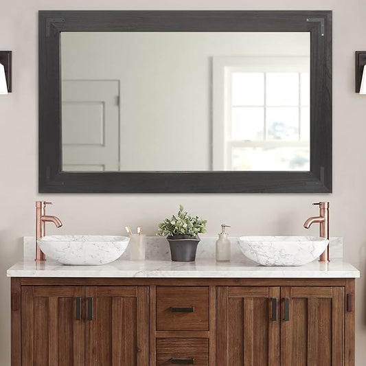 YOSHOOT Rustic Wooden Framed Wall Mirror, Natural Wood Bathroom Vanity Mirror for Farmhouse Decor, Vertical or Horizontal Hanging, 60" x 30", Black