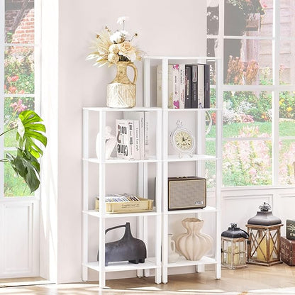 4 Tier Tall Wooden Bookshelf with Storage - Small White Bookcase for Small Spaces, Shelf for Living Room, Office, Bedroom, Kitchen - Industrial Modern Book Shelf