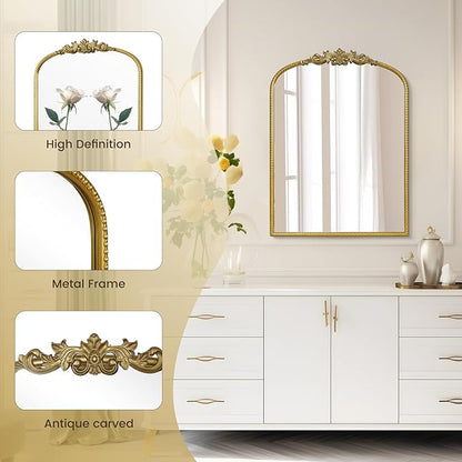 WallBeyond Gold Vintage Mirror - 22x30 Inch, Arched Antique Mirror with Ornate Frame for Bathroom, Living Room, Fireplace, Entryway