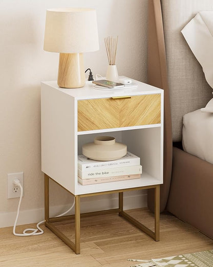 Nightstand with Charging Station,Modern Night Stand Boho Farmhouse Wood Bedside Table with Storage Drawer and Open Shelf,Side End Table for Bedroom,Living Room,White