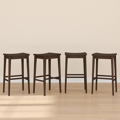 Plank+Beam Smythe Bar Stool, 30", Set of 4, Sturdy Wood Modern Kitchen Bar Height Stool, Saddle Seat Backless Bar Chair, Metal Footrest, Walnut