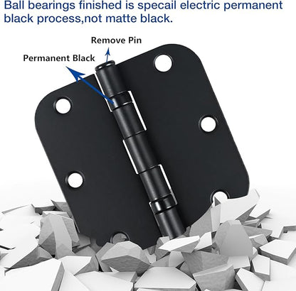12 Pack Anti Squeak Matte Black Door Hinges 3.5 Inch 5/8" Radius Round Ball Bearing Interior 3-1/2"Flat Bifold Standard Bedroom Indoor for Doors 3 ½" Hardware Essentials House Home Decor Accessories