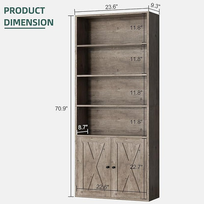 Shintenchi Bookshelf, Industrial Bookshelves and Bookcases with Doors Floor Standing 6 Shelf Display Storage Shelves 70.6 inches Tall Bookcase for Home Office, Living Room (Grey)