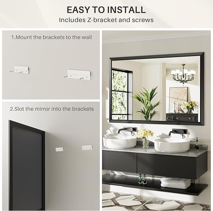 60x36 Inch Black Bathroom Mirror for Wall, Thick Metal Framed Rectangle Mirrors for Over Sink, Bedroom, Living Room, Entryway, Anti-Rust, HD Tempered Glass