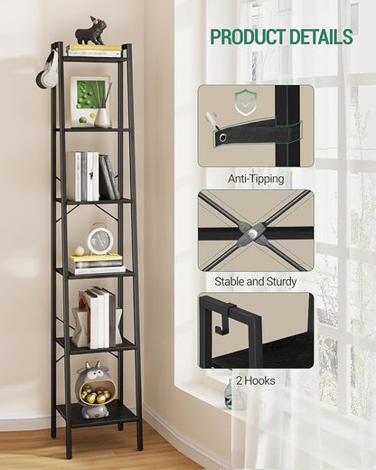 Ladder Shelf, Bookshelf Bookcase, Freestanding Corner Storage Shelve with 2 Hooks for Home Office, Living Room, Kitchen, Bedroom, Industrial, 6-Tier Black BC13304B