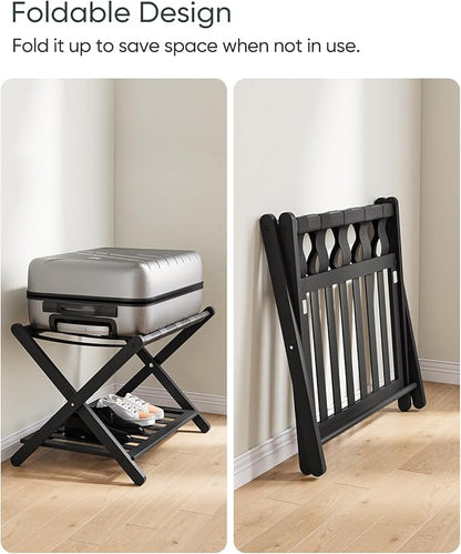 2 Pack Fully Assembled Black Bamboo Luggage Racks with Shoe Shelf, 5 Straps Folding Suitcase Stand, Heavy Duty Luggage Holders for Guest Room, Bedroom, Hotel