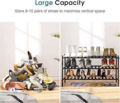 3-Tier Long Black Shoe Rack, Bamboo Wood Shoe Rack for Closet, Entryway & Hallway, Stackable | Functional | Sturdy