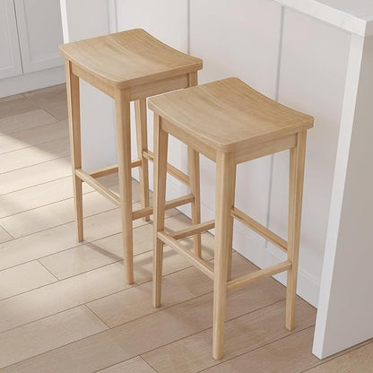 Plank+Beam Smythe Bar Stool, 30", Set of 4, Sturdy Wood Modern Kitchen Bar Height Stool, Saddle Seat Backless Bar Chair, Metal Footrest, Blonde