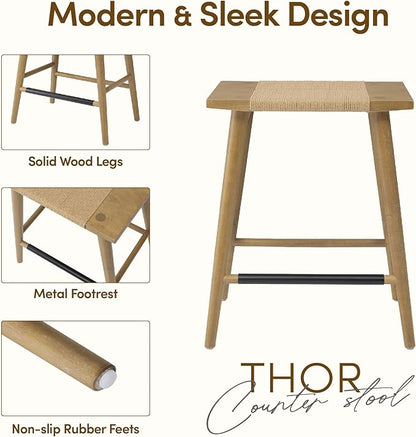 Thor Wicker Counter Height Wooden Counter Stool with Hand-Knitted Rope, K/D, Backless Island 24" Wicker Stool for Kitchen, Solid Wood, Eco-Friendly, Modern Design (Light Brown)