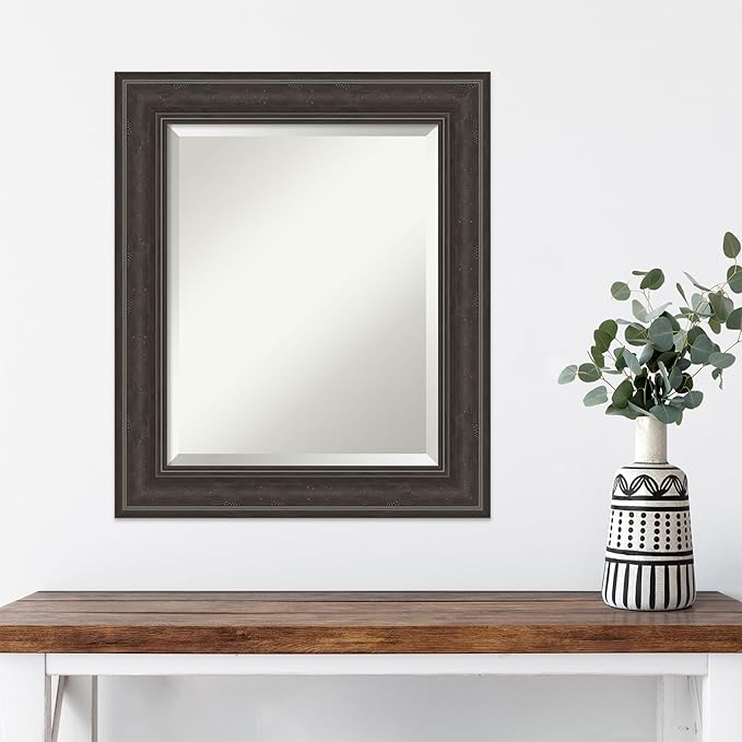 Amanti Art Brown Wall Mirror 26x22 Shipwreck Greywash Rectangle Bathroom Mirror for Wall Decor Living Room, Small Traditional Frame, Hangs Horizonally and Vertically, Bathroom Decor, Beveled Edge
