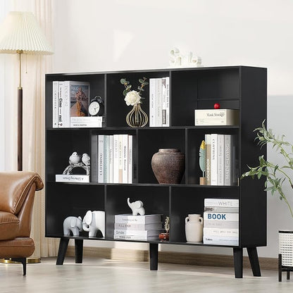 YAHARBO 10 Cube Large Bookshelf,3 Tier Bookcase with Legs,Black Mid-Century Modern Bookshelves,Wide Free Standing Open Storage Organizer Shelf,Tall Wooden Book Case Furniture for Living Room,Office