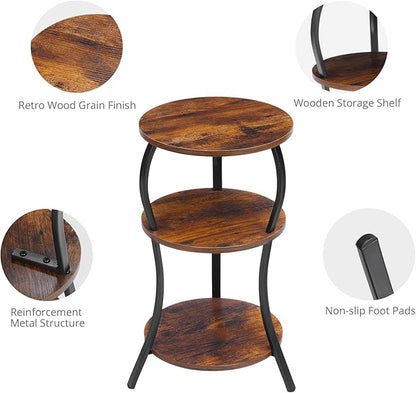 Vintage Small Round Side Table, 3-Tier Slim Waist Circular End Table with Storage Shelf, Compact Tea Sofa Table, Round Corner Coffee Table Nightstand for Living Room Bedroom Small Spaces,Rustic Brown